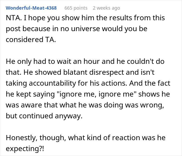 Reddit comment discussing husband interrupting woman during critical job test, showing disrespect and lack of accountability.