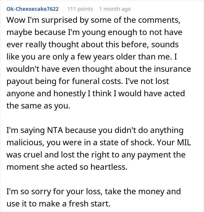 Reddit comment discussing funeral costs and life insurance repayment expectations. Reddit comment discussing funeral costs and life insurance repayment expectations.