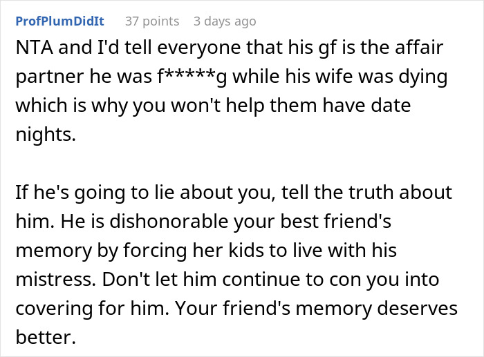 Text critique on woman refusing to babysit after infidelity, labeled vindictive.