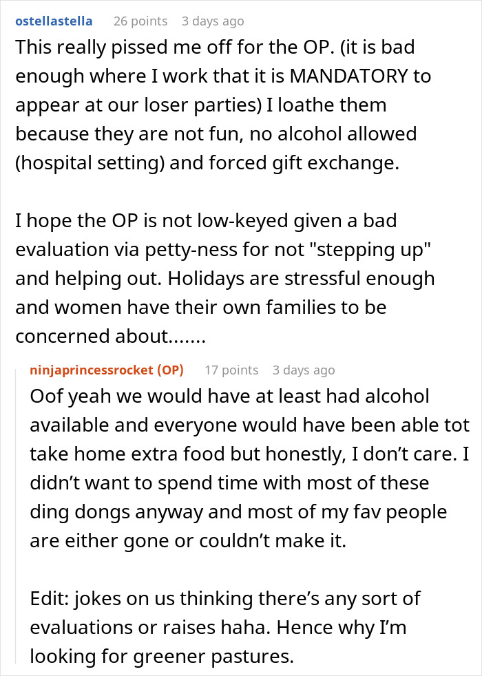 Reddit user comments about dissatisfaction with mandatory office Christmas parties.