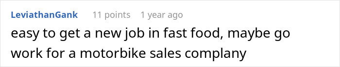 Comment about finding a job in motorbike sales, related to cutting employee hours.