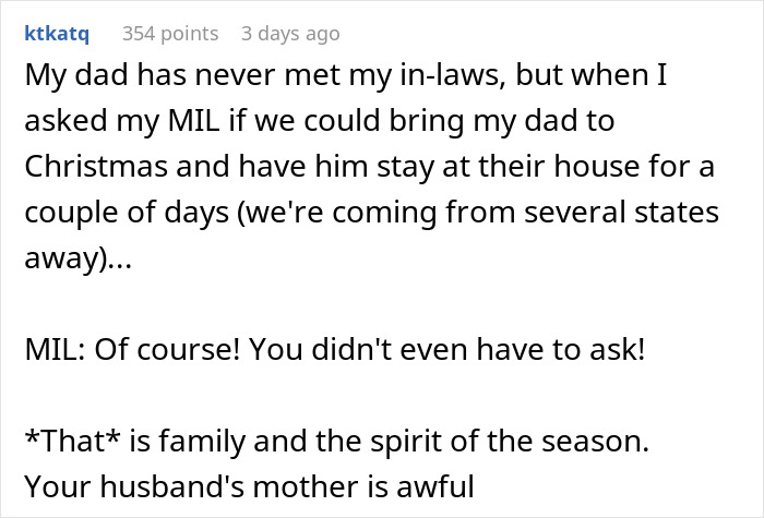 Text describing MIL&rsquo;s response to a Christmas request, highlighting family dynamics during the holiday season.