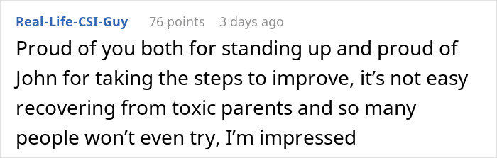 Comment praising John for overcoming toxic parents to improve.