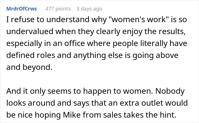 Text discussing the undervaluation of "women's work" in an office setting where roles are traditionally defined.
