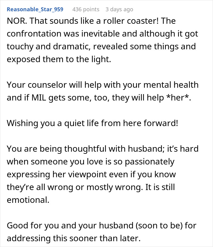 Comment discussing wedding dress choice for bride to please fianc&eacute;'s mom.