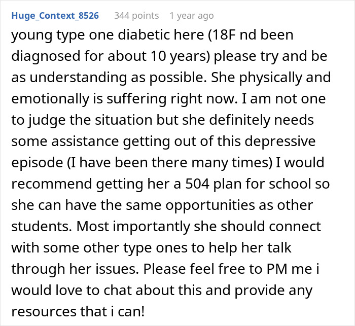Comment discussing a young diabetic's need for understanding and support, related to a debate on chores and disease.