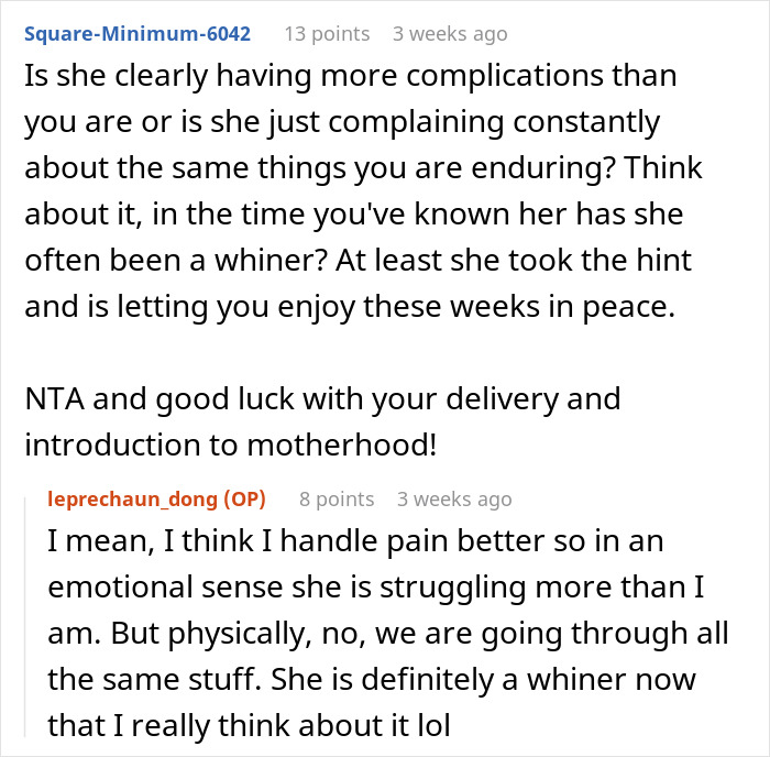 Online forum discussion about a pregnant friend complaining, highlighting differing perspectives on handling discomfort.