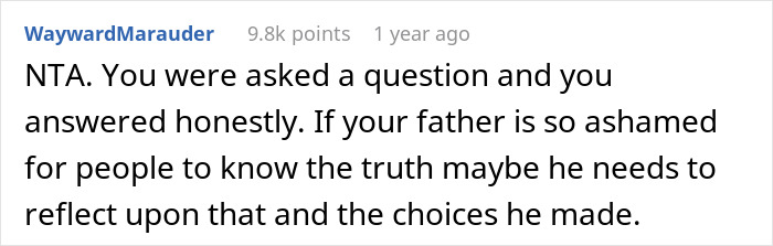 Reddit comment discussing a father's need to reflect on his choices toward his daughter.