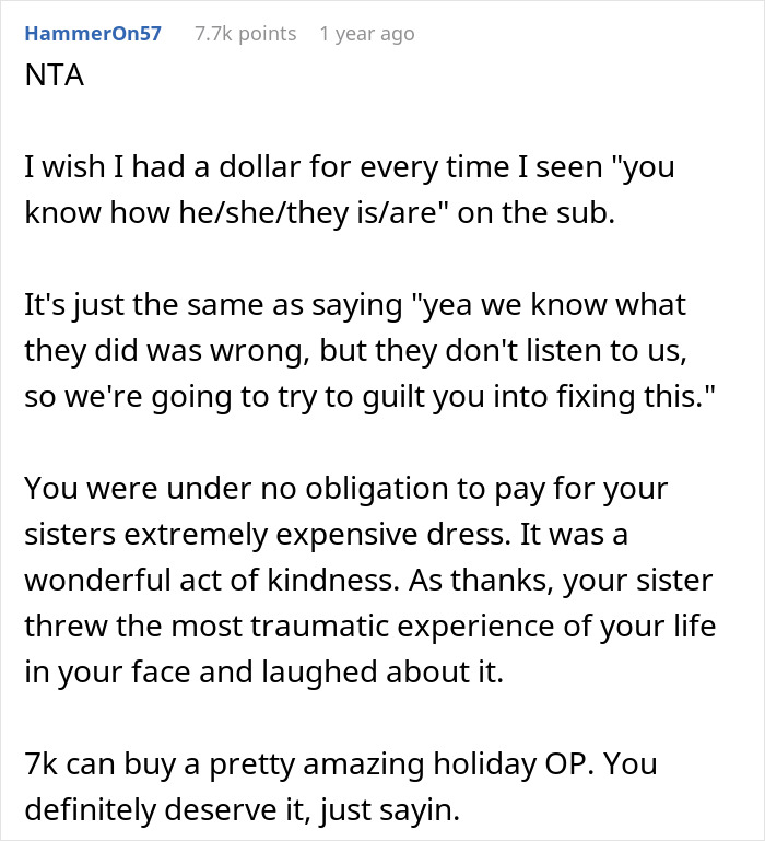 Reddit comment discussing expensive dress, mentioning traumatic experience and a $7k holiday suggestion. Reddit comment discussing expensive dress, mentioning traumatic experience and a $7k holiday suggestion.