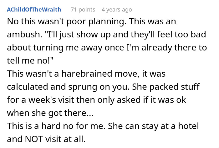 Comment discussing a mom's frustration with MIL showing up unannounced and refusing to let her stay. Comment discussing a mom's frustration with MIL showing up unannounced and refusing to let her stay.