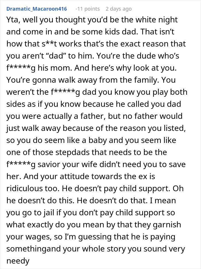 Commentary text discussing marital conflict regarding a wife's ex, questioning roles and fatherhood responsibilities.