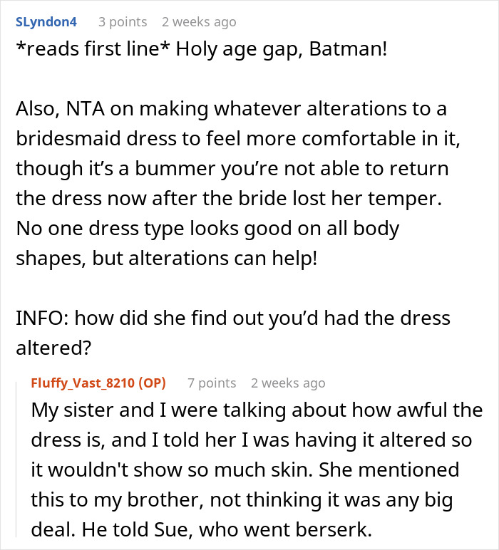 Discussion about altering a bridesmaid dress causing wedding ban.