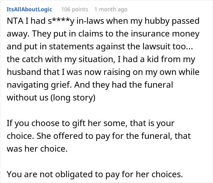 Text discussing funeral costs and life insurance repayment expectations between in-laws. Text discussing funeral costs and life insurance repayment expectations between in-laws.