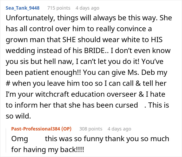 Comment discussing mother-in-law's control over fianc&eacute; regarding wedding dress choice.