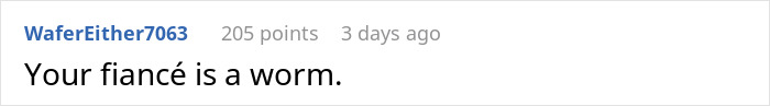 Reddit comment saying, "Your fiancé is a worm," with username WaferEither7063 and 205 points, related to spying incident. Reddit comment saying, "Your fiancé is a worm," with username WaferEither7063 and 205 points, related to spying incident.
