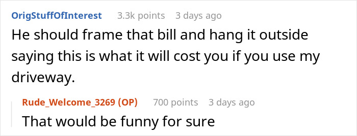 Reddit comments discussing a hefty bill for unauthorized driveway parking by Karen.