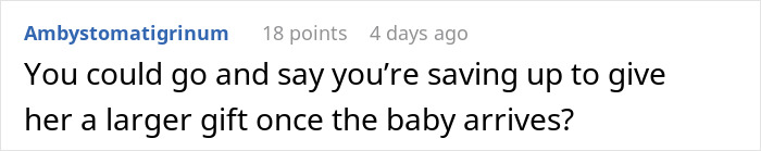 Text response discussing baby shower attendance and gifting after baby arrives. Text response discussing baby shower attendance and gifting after baby arrives.