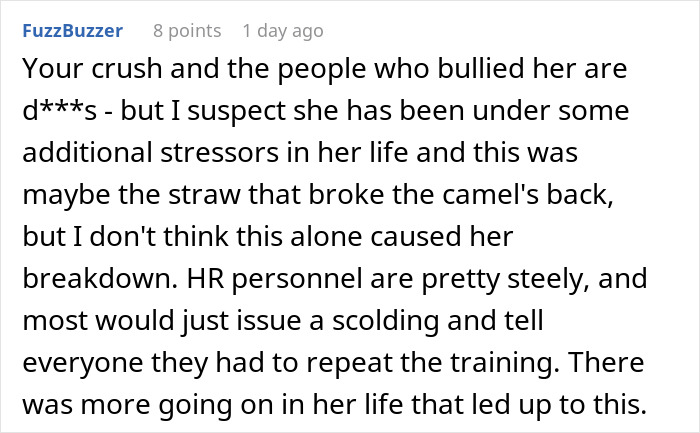 Comment discussing an HR director's mental breakdown related to stressors and workplace dynamics.