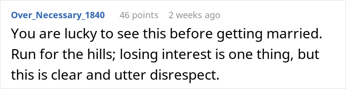 Text comment expressing concern over fianc&eacute;'s behavior and advising caution in response.