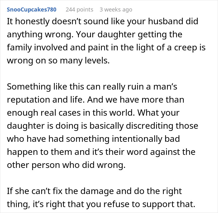 Comment discussing a teen's false accusation against her stepdad as a "creep," highlighting potential harm to reputation. Comment discussing a teen's false accusation against her stepdad as a "creep," highlighting potential harm to reputation.