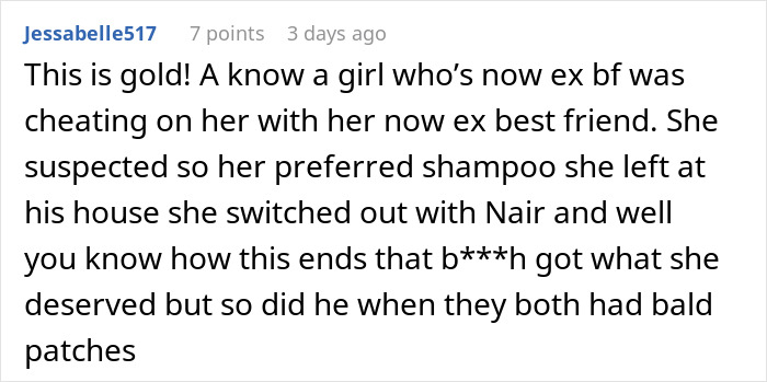Text conversation about revenge prank involving shampoo replacement with Nair for a cheating ex.