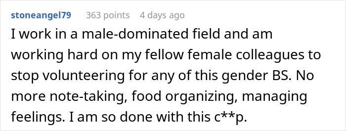 Reddit comment by stoneangel79 discussing female employees rejecting traditional office roles, expressing frustration.