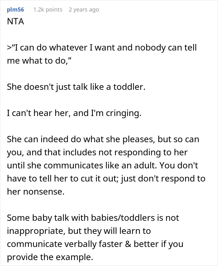 Screenshot of Reddit comment criticizing a 27-year-old's use of nonsensical baby talk. Screenshot of Reddit comment criticizing a 27-year-old's use of nonsensical baby talk.