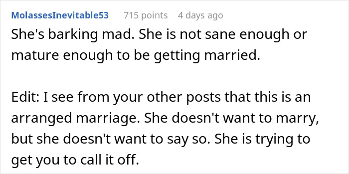 Reddit comment criticizing arranged marriage; mentions fiance demands to sell car ex sat in. Reddit comment criticizing arranged marriage; mentions fiance demands to sell car ex sat in.