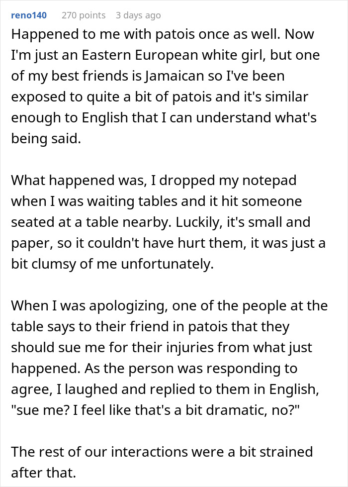 Text post recounting a story of a woman understanding a foreign language. Text post recounting a story of a woman understanding a foreign language.