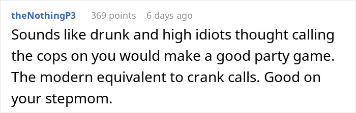 Reddit comment about a neighbor calling cops due to noise, labeled "very stupid neighbor.