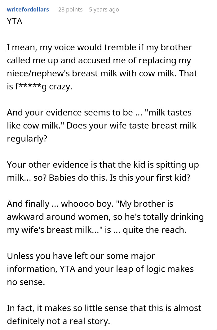 Reddit comment discussing accusation of brother swapping breast milk with cow milk. Reddit comment discussing accusation of brother swapping breast milk with cow milk.