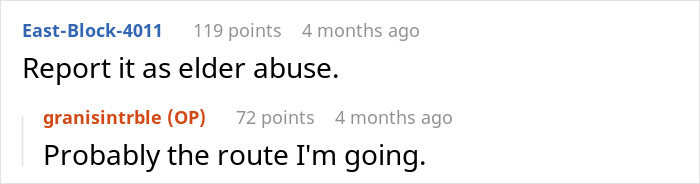 Reddit thread discussing elder abuse with top comment suggesting reporting it, followed by a reply considering the advice.