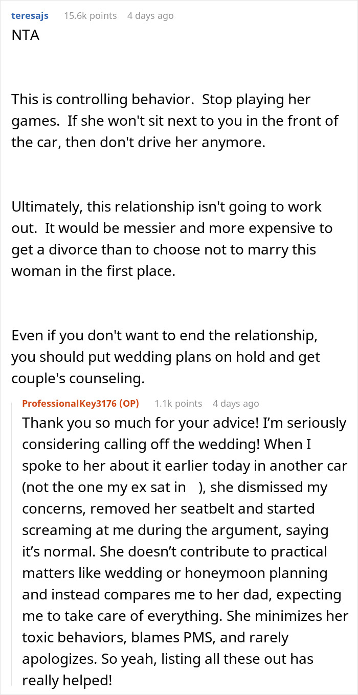 Reddit discussion about controlling partner demanding the sale of a car due to its history. Reddit discussion about controlling partner demanding the sale of a car due to its history.