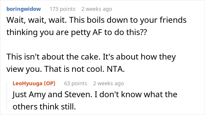 Reddit discussion about friends' perceptions at a cake birthday party.