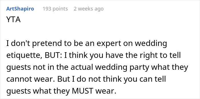 Screenshot of a Reddit comment discussing wedding guest attire etiquette.