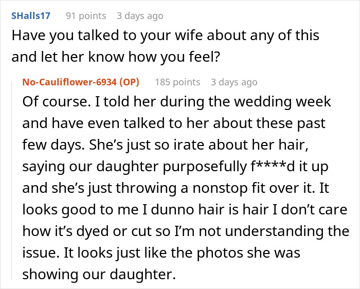Reddit discussion about wedding day ruined by mother&rsquo;s demands regarding daughter's hair.