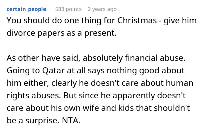 Online forum comment criticizing a husband's financial decisions and priorities for Christmas.