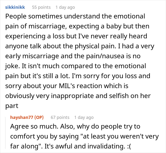 Discussion about emotional and physical pain of miscarriage and inappropriate MIL reaction.