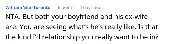 Reddit comment discussing a relationship dynamic involving an ex-wife and current boyfriend. Reddit comment discussing a relationship dynamic involving an ex-wife and current boyfriend.