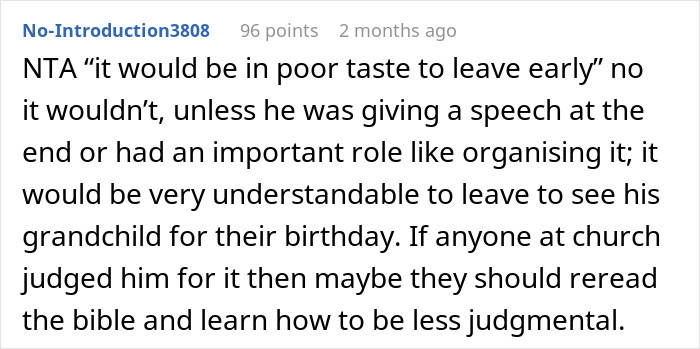 Text from a forum discussing attendance at a father's grandchild's birthday party.