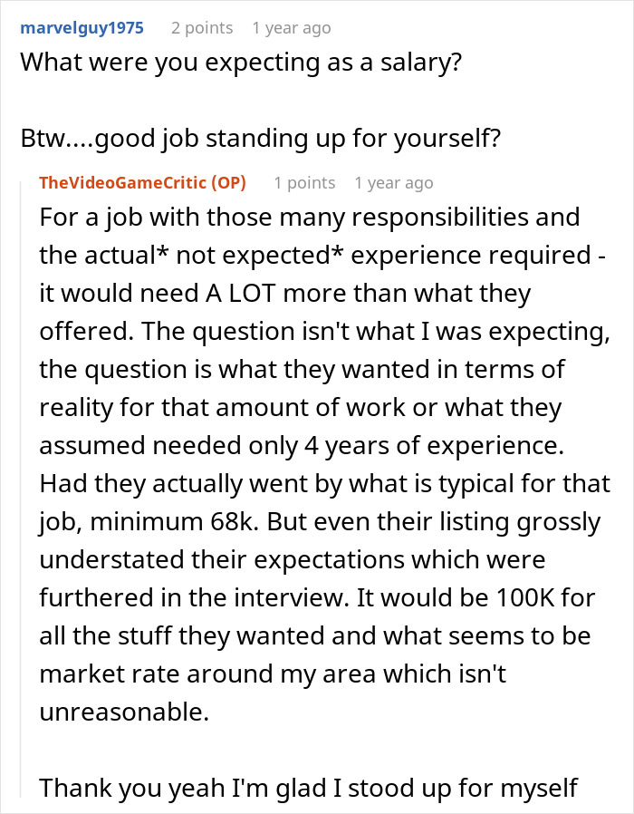 Reddit thread discussing job interview expectations and salary negotiations.