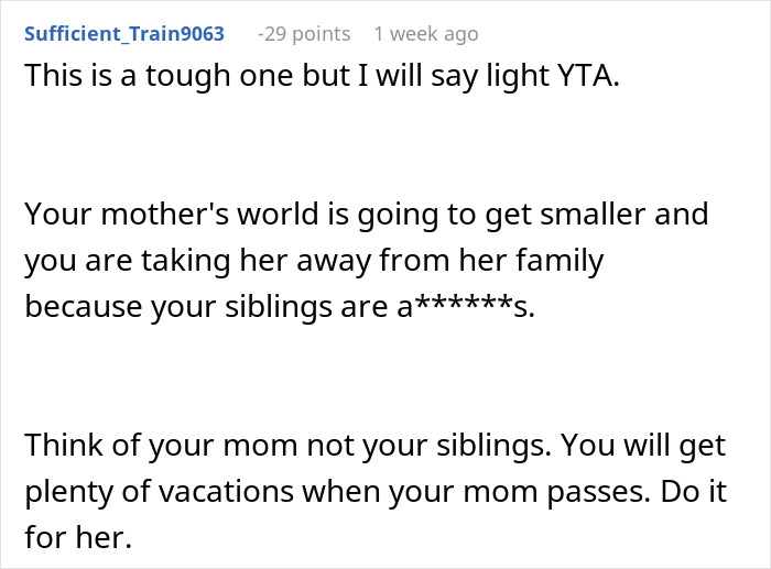 Reddit comment discussing family tensions over placing a mom in a care facility before the holidays. Reddit comment discussing family tensions over placing a mom in a care facility before the holidays.