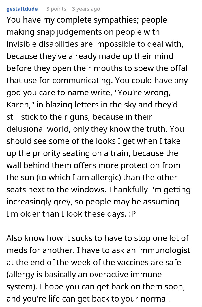 Comment discussing struggles with invisible disabilities and public judgment in a shopping mall setting.