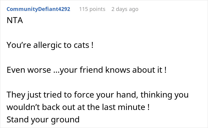 Text conversation supporting a man with allergies for not watching a friend's dog due to owning a cat.