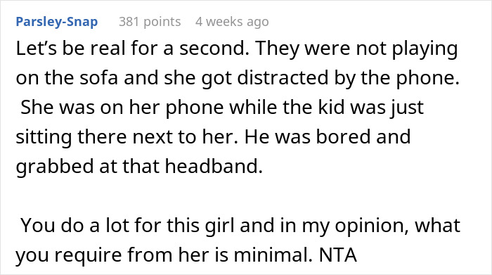 "Comment discussing refusal to pay for sister's college after toddler's concussion incident.