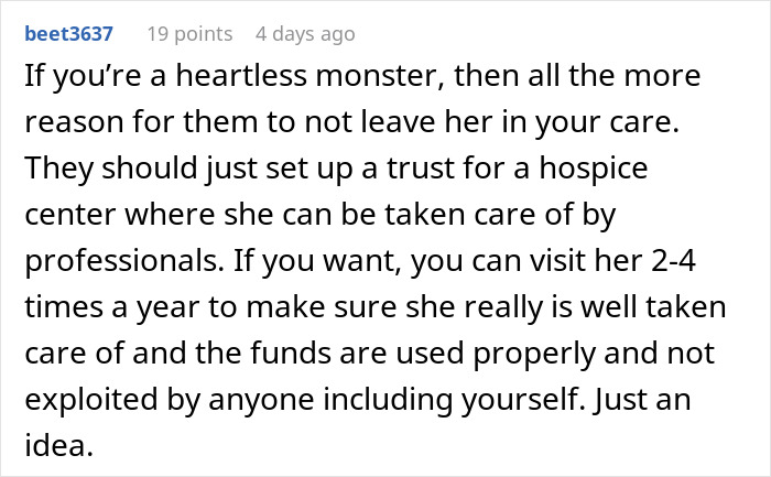 Reddit comment discussing responsibilities for disabled stepsister's care and trust fund setup.