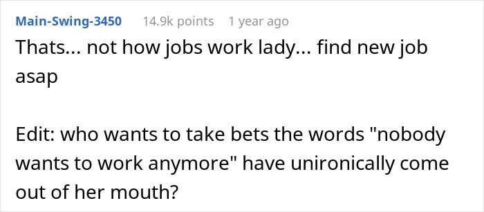 Reddit comment criticizing a boss for cutting employee hours, related to buying a motorcycle.
