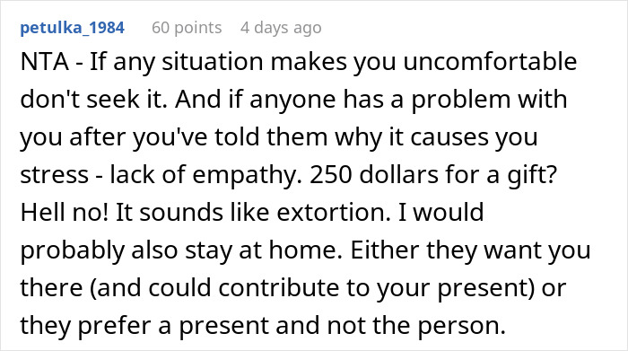 Comment on skipping family Xmas due to costly white elephant gift. Comment on skipping family Xmas due to costly white elephant gift.