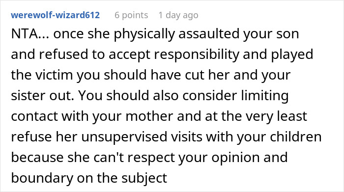 Reddit comment discussing family issues and advice on cutting ties with a sister after an incident.