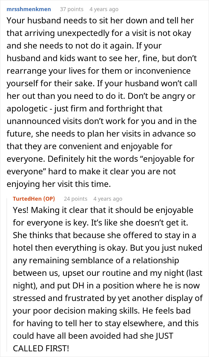 Text conversation about mom refusing MIL's unannounced visit, highlighting stress and frustration. Text conversation about mom refusing MIL's unannounced visit, highlighting stress and frustration.